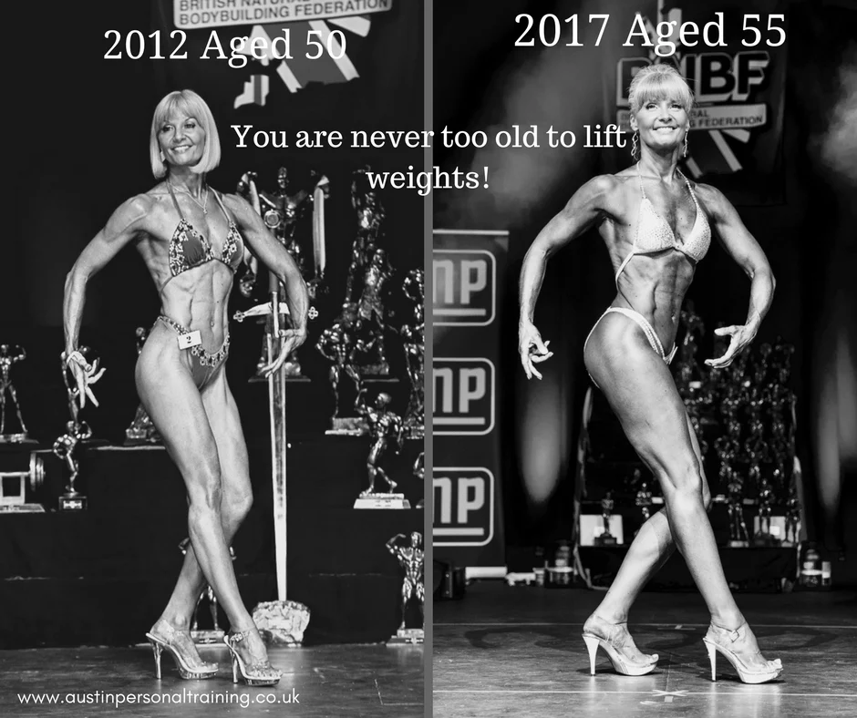 Tracy Austin at the BNBF British Masters Figure competitions — 2012 aged 50 and 2017 aged 55. 'You are never too old to lift weights.'